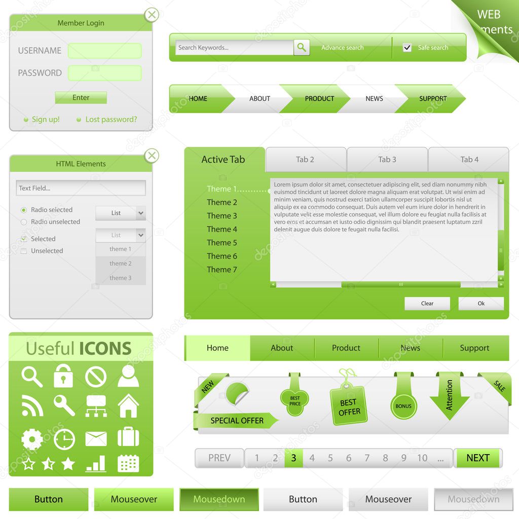 Big set of website element, forms, login bars, labels, stickers, text fields, navigations, icons and buttons in green-white style