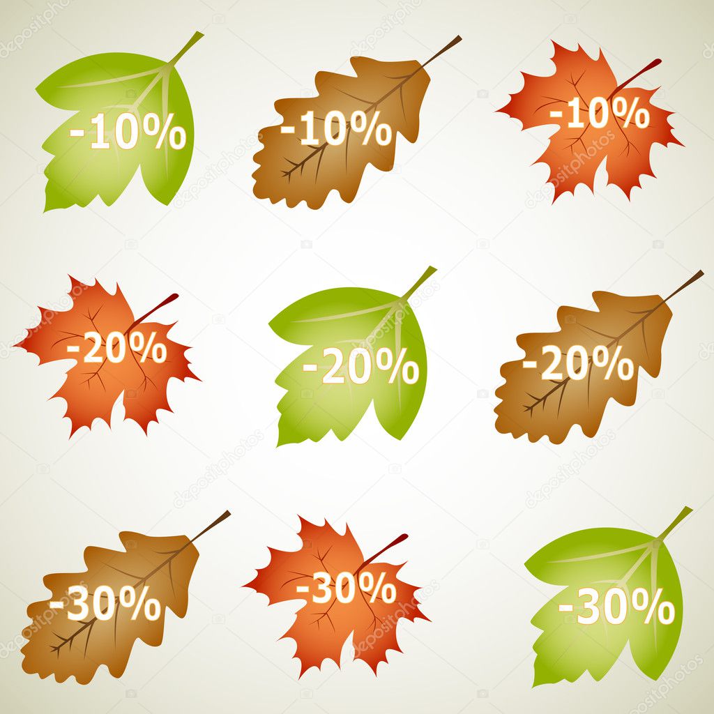 Set of 9 autumn discounts in the shape of leafs