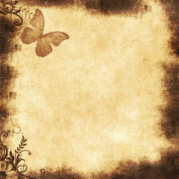 漂亮花卉 Grunge 例证与带有花卉图案的旧羊皮纸 Old 纸张上的蝴蝶 — 图库照片