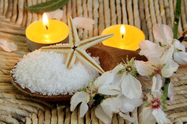 Closeup of Healthy Sea Salt with a branch of an almond tree on bamboo background. Spa background clipart