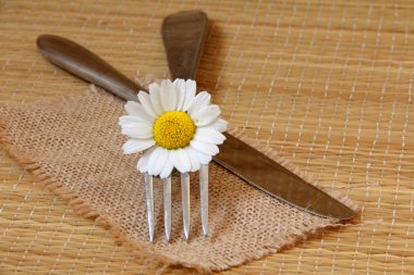 Silverware Set with Fork, and Spoon on bamboo. clipart