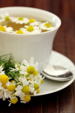 ahşap bir masa üzerinde papatya ile bitkisel çay