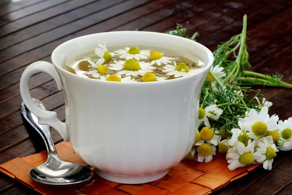 Ahşap bir masa üzerinde papatya ile bitkisel çay — Stok fotoğraf