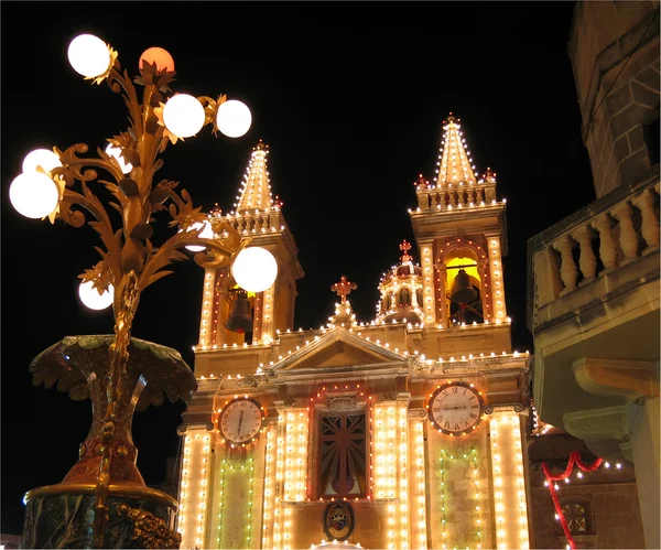 stock image Maltese Church illuminated for the village feast