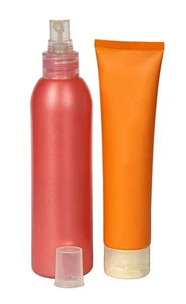 Pomarańczowy butelka spray na białym tle na białym tle — Zdjęcie stockowe
