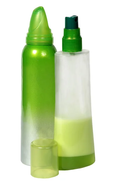Botellas verdes un spray aislado en el blanco — Foto de Stock