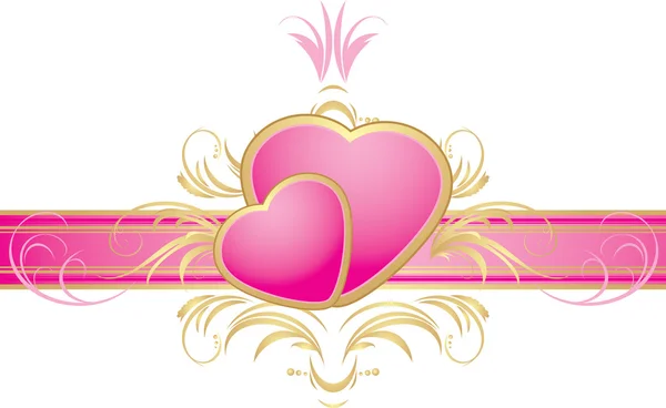 Two pink hearts on the decorative ribbon with ornament — Stock Vector