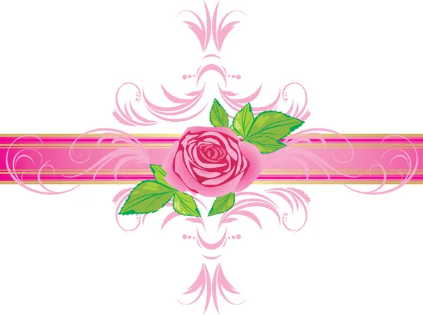Różowa Róża Ornamentem Ozdobną Wstążką Ilustracja Wektorowa — Wektor stockowy