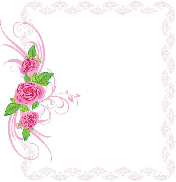 Ροζ τριαντάφυλλα με στολίδι στο διακοσμητικό πλαίσιο — Διανυσματικό Αρχείο