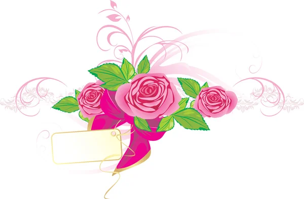 Rosa rosor med ornament och rosett — Stock vektor