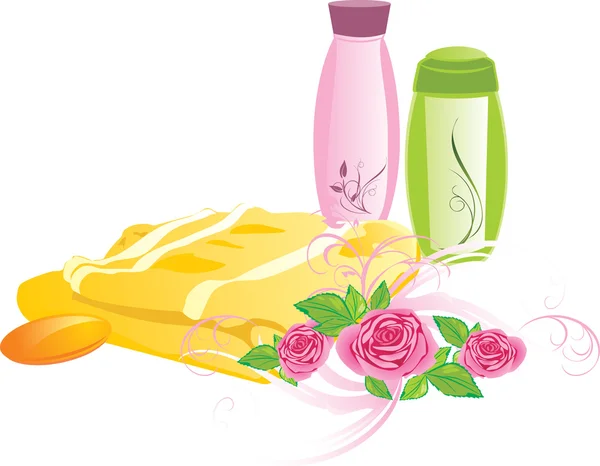 Μπουκέτο με τριαντάφυλλα και σετ για το μπάνιο — Διανυσματικό Αρχείο