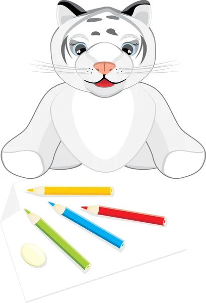 Tigre pequeño con lápices — Vector de stock