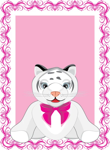 Kis tigris a rózsaszín orr a dekoratív keretben — Stock Vector