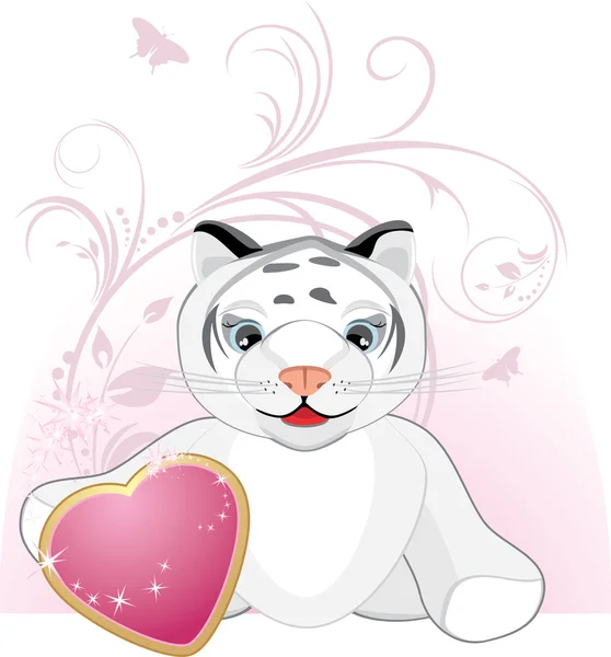 Petit Tigre Avec Coeur Ornement Floral Décoratif Illustration Vectorielle — Image vectorielle