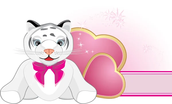 Pequeno tigre com arco rosa e corações. Banner — Vetor de Stock