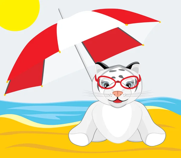 Little Tiger Umbrella Beach Vector Illustration — Stock Vector