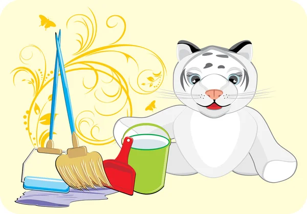 Little tiger with set for cleaning. Card — Stock Vector
