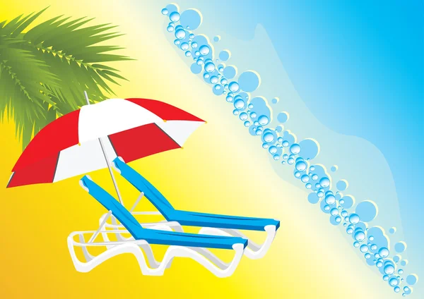 Cadeiras de praia vazias sob um guarda-chuva — Vetor de Stock