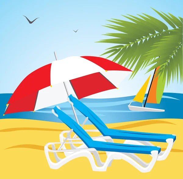 Bir Şemsiye Altında Boş Şezlonglar Plaj Vektör Çizim — Stok Vektör