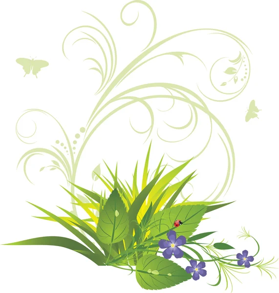 Bukett blommor med gräs och dekorativa ornament — Stock vektor