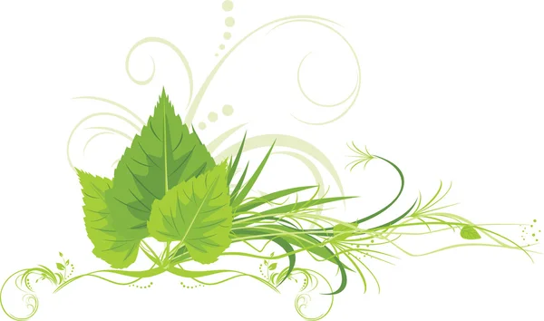 Березовые листья с травой и декоративным орнаментом — стоковый вектор