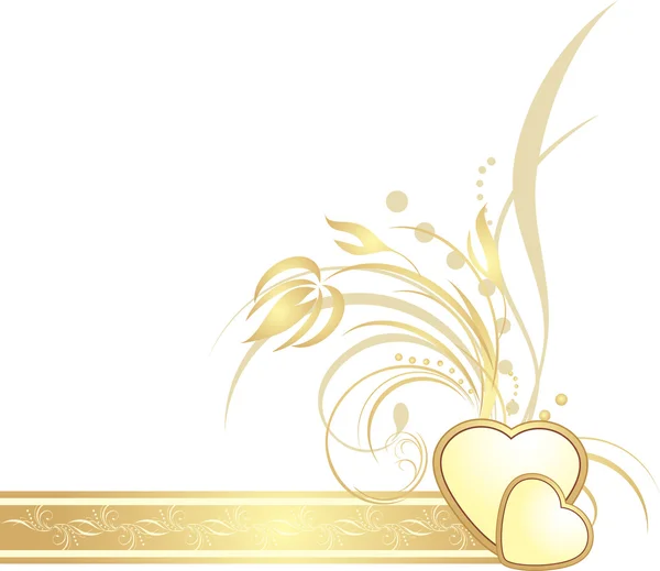 Golden hearts with decorative sprig on the ribbon — Stock Vector