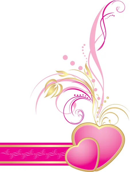 Cuori Rosa Con Rametto Decorativo Sul Nastro Elemento Arredamento Illustrazione — Vettoriale Stock