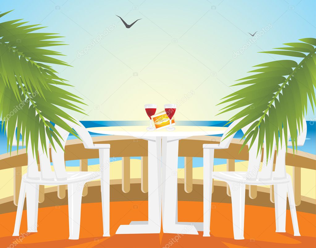 Restaurant at a sea. Kind from a balcony. Vector illustration