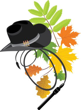 Cowboy hat and whip on the autumn background. Vector illustration clipart