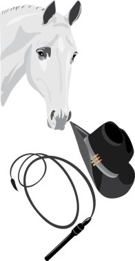 Cowboy hat, whip and horse head clipart