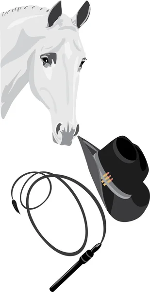 Sombrero de vaquero, látigo y cabeza de caballo — Vector de stock