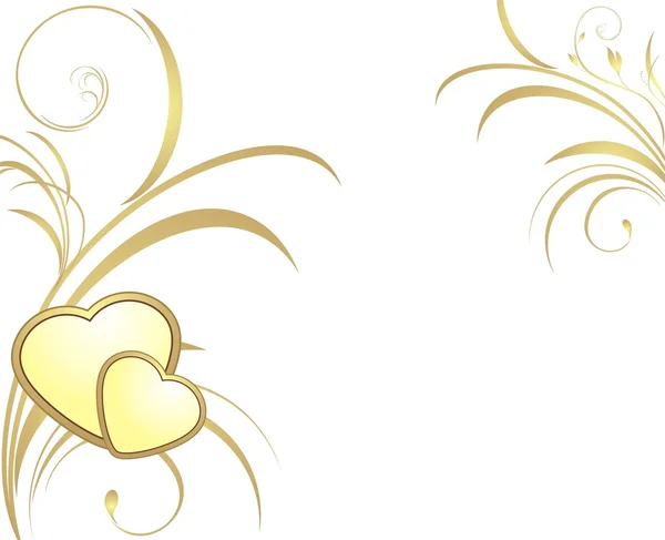 Två gyllene hjärtan med dekorativa kvistar — Stock vektor