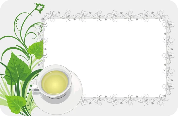Cup with tea on the floral background. Card — Stock Vector