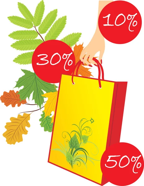 Package in a woman hand on the leafy background. Seasonal discounts — Stock Vector