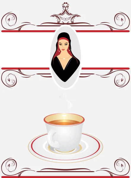 杯茶和东部美丽的女人的肖像 环绕的背景 矢量插画 — 图库矢量图片