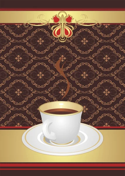 Tasse avec café sur le fond décoratif. Emballage — Image vectorielle