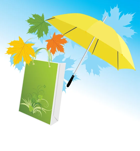 Gelber Regenschirm Mit Verpackung Und Ahornblättern Vektorillustration — Stockvektor