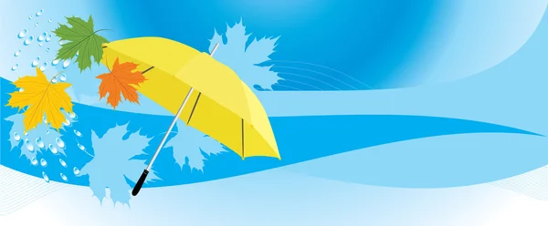 Guarda-chuva amarelo e folhas de bordo. Banner — Vetor de Stock
