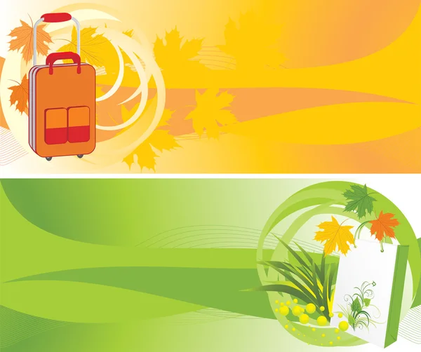 スーツケース パッケージおよびかえでの葉 季節の抽象的な背景 ベクトル イラスト — ストックベクタ