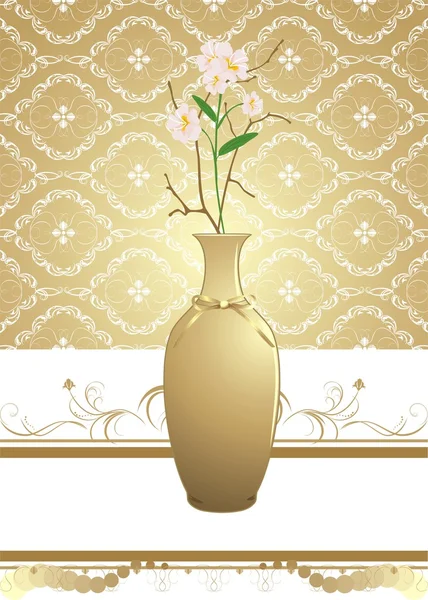 Goldene Vase mit Blumenstrauß auf dem dekorativen Hintergrund — Stockvektor