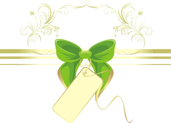 飾りとカードの緑色の弓。タイトルのための装飾的なパターン — ストックベクタ
