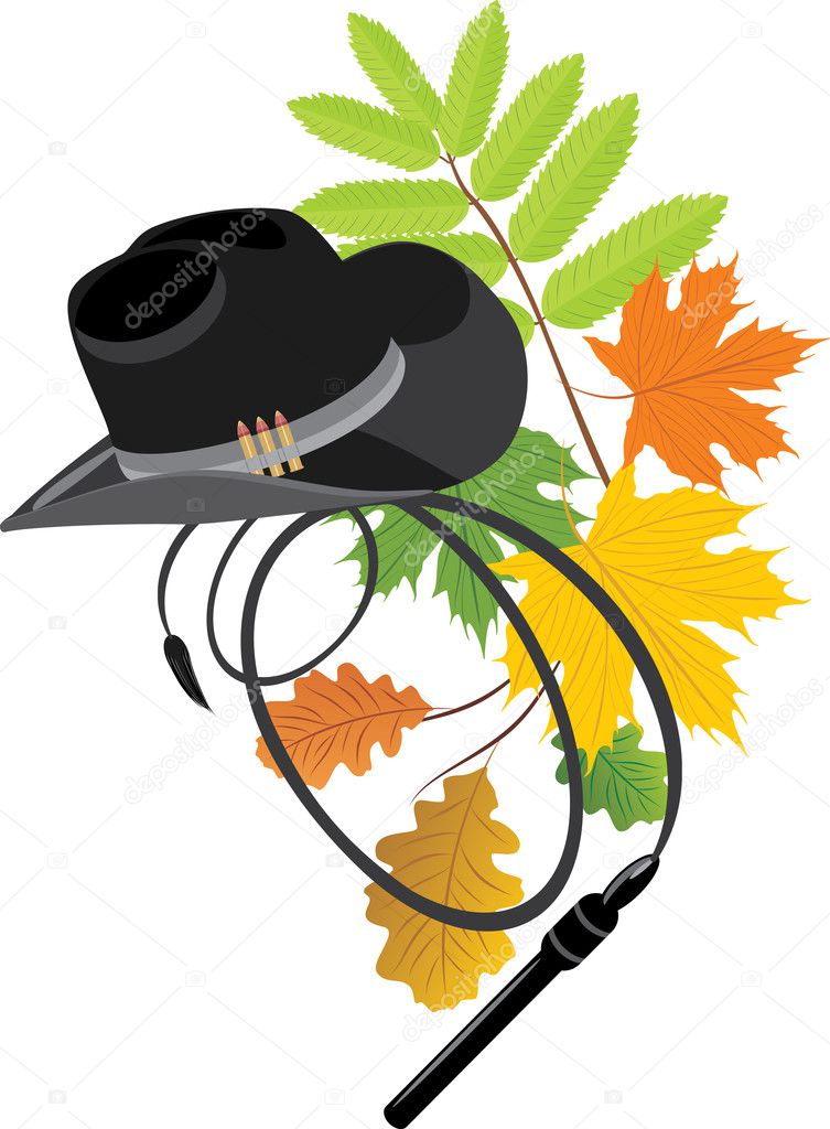 Cowboy hat and whip on the autumn background. Vector illustration