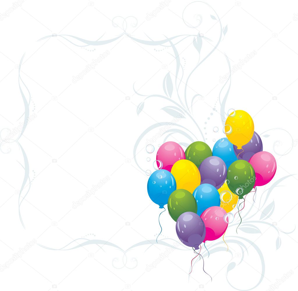 Colorful balloons with bubbles in the decorative frame