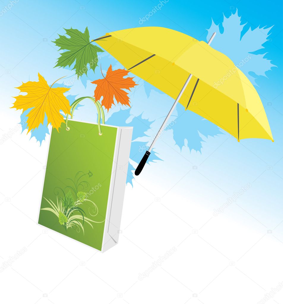 Yellow umbrella with package and maple leaves. Vector illustration