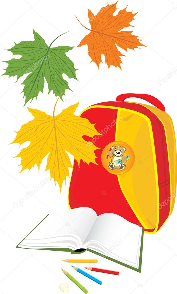 Backpack, book and pencils. School composition. Vector illustration