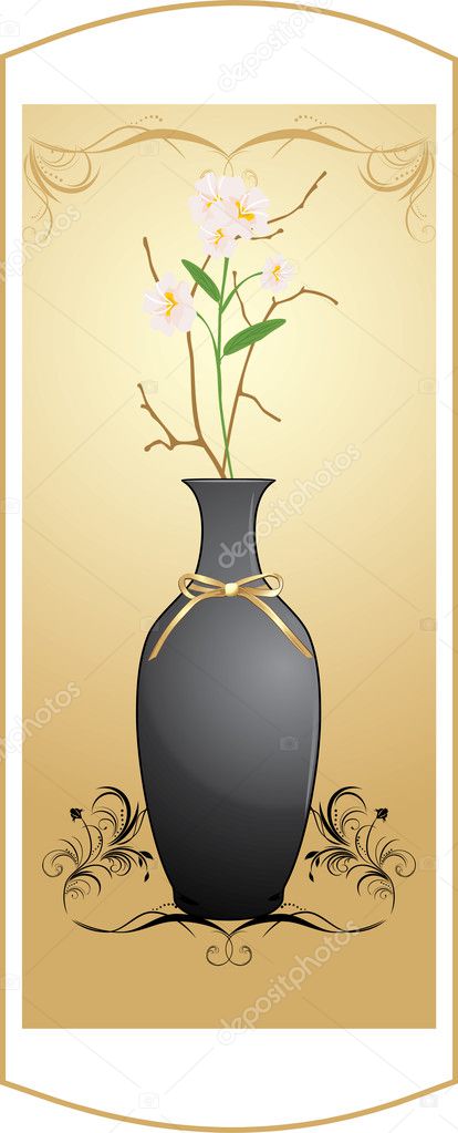 Black vase with bouquet of flowers on the decorative background
