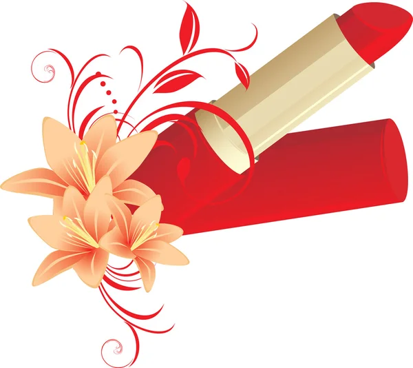 Lápiz labial y adorno floral con lirios — Vector de stock