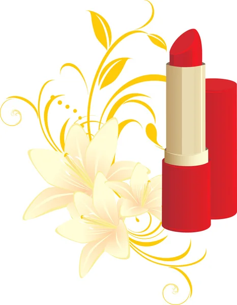 Red lipstick and floral ornament with lilies — Stock Vector