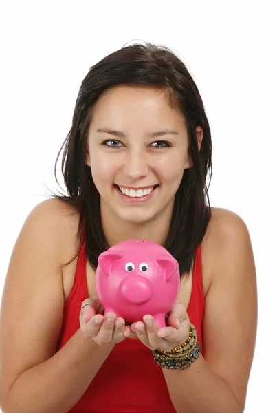 Pretty Girl and Piggybank — Stock Photo, Image
