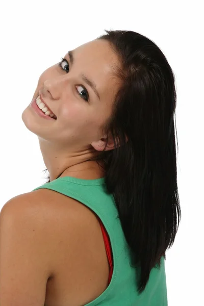 Hermosa Joven Sonriente Dama Mirando Hacia Atrás Sobre Hombro —  Fotos de Stock